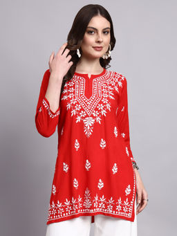 The Chikan Label - Red Siara Rayon Chikankari Short Kurti