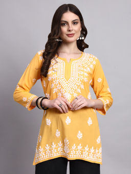 The Chikan Label - Yellow Siara Rayon Chikankari Short Kurti