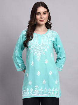 The Chikan Label - Turquoise Siara Rayon Chikankari Short Kurti