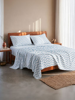 LANE LINEN - 100% Organic Cotton Bedsheet with Pillow Cover - White Geometric