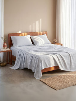 LANE LINEN - 100% Organic Cotton Fitted Bedsheet with Pillow Covers - Blue Geometric