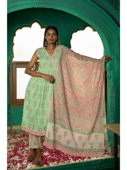 Shilpi Handicrafts - Aadhriti Sea Green Cotton Slub Kurta with Pant and Dupatta (Set of 3)