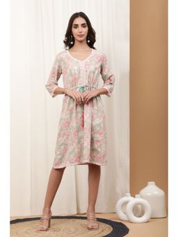 Shilpi Handicrafts - Adhira Beige Cotton Slub Knee Length Dress
