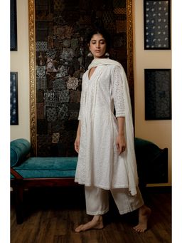 Shilpi Handicrafts - Akriti Off White Schiffli Cotton Kurta with Pant and Dupatta (Set of 3)