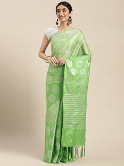 Banarasi Silk Works - Green Zari Kanchi Silk Tanchoi Meena Saree with Unstitched Blouse