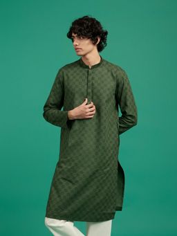 Diwas by Manyavar - Men Green Cotton Woven Kurta