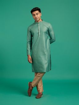 Diwas by Manyavar - Men Green Cotton Blend Jacquard Woven Kurta