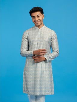 Diwas by Manyavar - Men Blue Art Silk Printed Embroidery Kurta