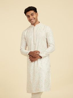 Diwas by Manyavar - Men Cream Cotton Blend Printed Embroidery Sequins Kurta
