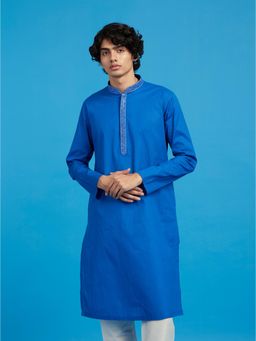 Diwas by Manyavar - Men Blue Cotton Jacquard Striped Kurta