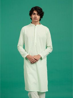 Diwas by Manyavar - Men Green Cotton Embroidery Kurta