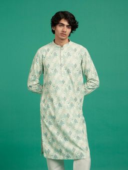 Diwas by Manyavar - Men Green Cotton Blend Jacquard Woven Kurta