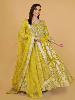 MILU MADAN - Lime Green Organza Brocade Lehenga With Kurta And Dupatta