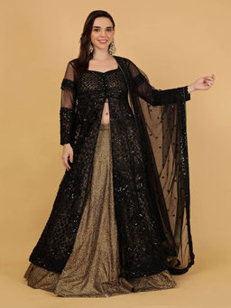 MILU MADAN - Black Jacket And Antique Gold Lehenga With Kurta And Dupatta