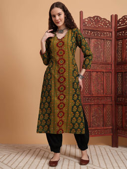 Sufiza Lifestyle - Women Hand Block Ajrak Printed Kurta - Green