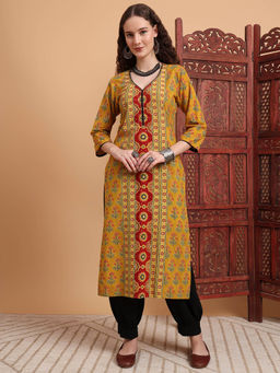 Sufiza Lifestyle - Women Hand Block Ajrak Printed Kurta - Yellow