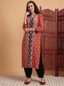 Sufiza Lifestyle - Women Hand Block Ajrak Printed Kurta - Orange