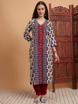 Sufiza Lifestyle - Women Hand Block Ajrak Printed Kurta - Cream