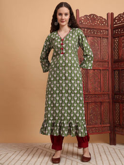 Sufiza Lifestyle - Women Hand Block Printed Frill Style - Green