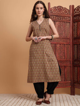 Sufiza Lifestyle - Women Hand Block Printed Brown Kurta - Beige