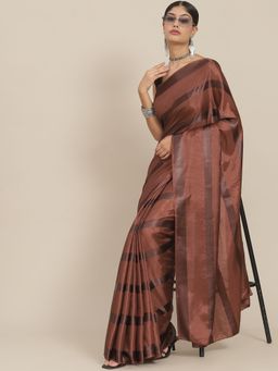 ISHIN - Womens Silk Blend Brown Striped Saree with Unstitched Blouse