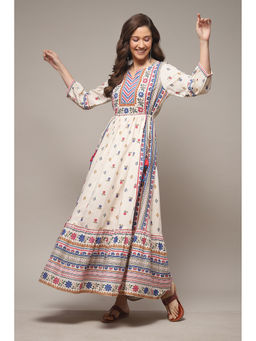 Biba - Womens Ecru Printed Rayon Tired Dress