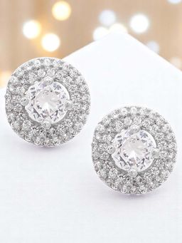 OOMPH - Silver Tone Round Cubic Zirconia Delicate Ear Stud Earrings