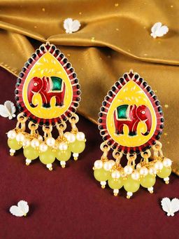 OOMPH - Yellow Meenakari Elephant Design Ethnic Drop Earrings