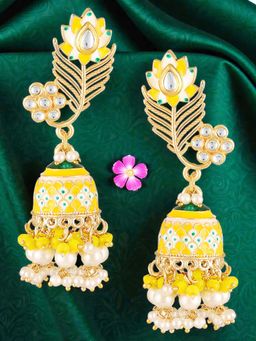 OOMPH - Yellow Meenakari Jhumka Earrings - Kundan Stones in Peacock Design