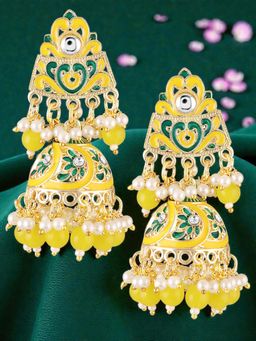 OOMPH - Yellow Meenakari Pearls and Beads Ethnic Jhumka Earrings