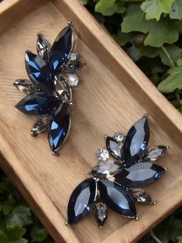 OOMPH - Navy Blue Floral Crystal Fashion Drop Earrings
