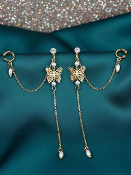 OOMPH - Women Gold Tone Butterfly Pearl Chain Design Drop Earrings
