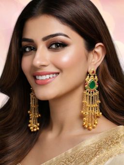 OOMPH - Green Heritage Kashmiri Drop Earrings - Elephant Design With Ghungroo Detailing