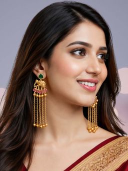 OOMPH - Long Kashmiri Drop Earrings- Temple Elephant Design With Ghungroo Detailing