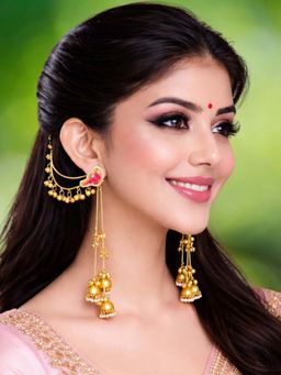 OOMPH - Long Kashmiri Drop Earrings With Hair Kaan Chain - Ghungroo Detailing
