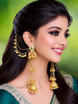 OOMPH - Long Kashmiri Drop Earrings With Hair Kaan Chain - With Ghungroo Detailing