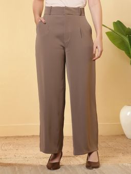 FITHUB - Taupe Women Pleated High Rise Parallel Trouser