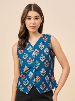 Style Quotient - Women Printed Blue Multi Cotton Waist Coat