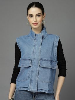 Style Quotient - Women Light Blue Stand Collar Denim Jacket