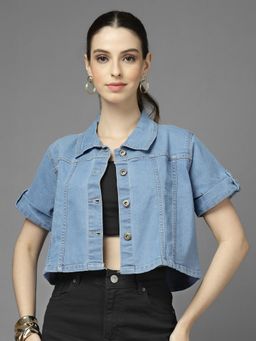 Style Quotient - Women Light Blue Spread Collar Denim Jacket