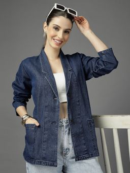 Style Quotient - Women Navy Blue Notched Lapel Collar Regular Fit Jacket