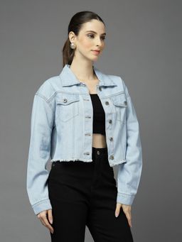 Style Quotient - Women Light Blue Spread Collar Denim Jacket