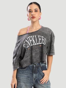 Bene Kleed - Grey Women Oversized Fit Typography Printed T-Shirt