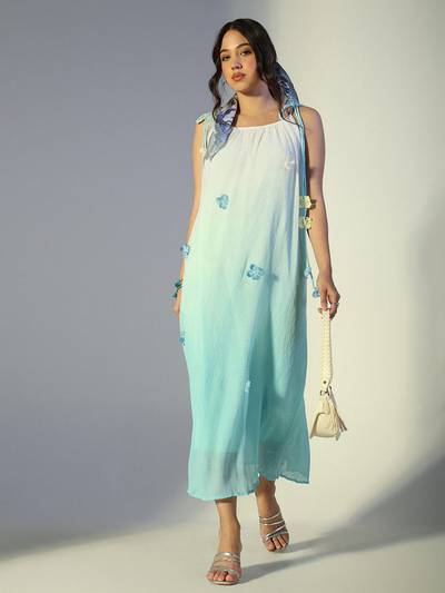Women Floral Applique Blue Ombre Dress