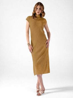 SHOWOFF - Women Ribbed Mustard High Neck Dress