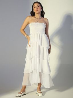SHOWOFF - Women White Smocked Strapless Layered Ruffle Dress
