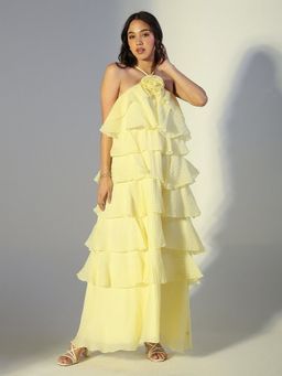 SHOWOFF - Women Yellow Tie-up Neck Layered Dress