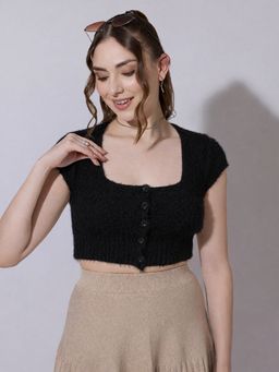 SHOWOFF - Women Knitted Black Fuzzy Buttoned Crop Top