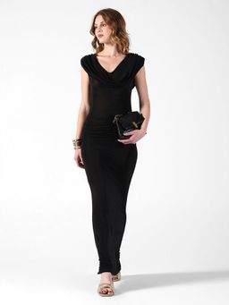 SHOWOFF - Women Draped Black Cowl Neck Ruched Bodycon Dress