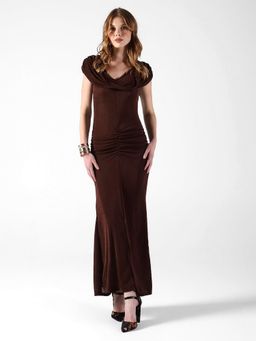 SHOWOFF - Women Draped Brown Cowl Neck Ruched Bodycon Dress